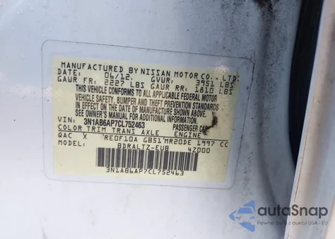 2012 Nissan Sentra 2.0 Sr z USA, uszkodzony, nr VIN 3N1AB6AP7CL752463